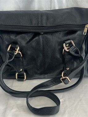 Jizdane Top Zip Fold Over Black Satchel Hobo Tote with Gold Hardware